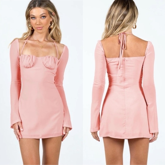 Princess Polly Pink Dyer Bell Long Sleeve Halter Ruched Bust Mini Dress - Picture 1 of 5